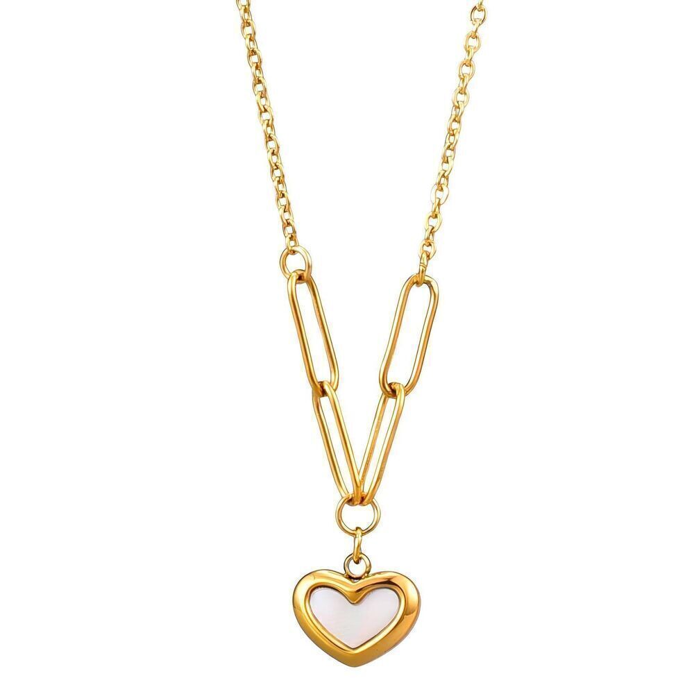 18K Gold Plated Women's Faux Mother of Pearl Heart Pendant Necklace Waterproof